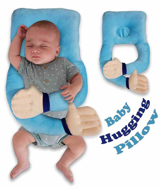 Baby hugging pillow with a baby lying on it, showing the product's design and use.