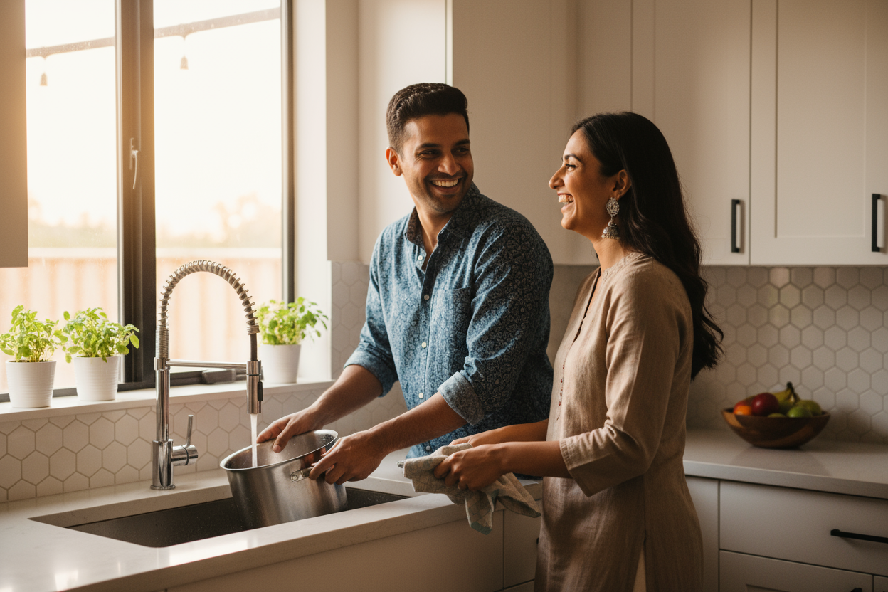 indian couple standing in kitchen washing utensil laughing & talking